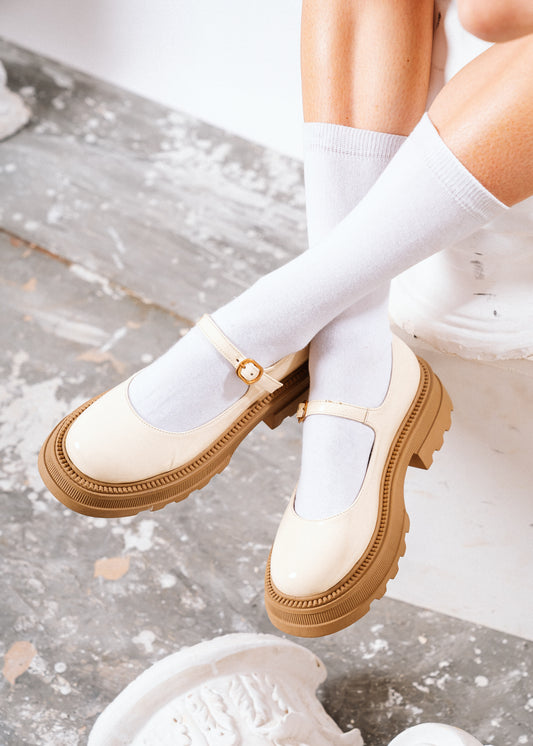 Modern Glossy Lug-Sole Loafers - beige