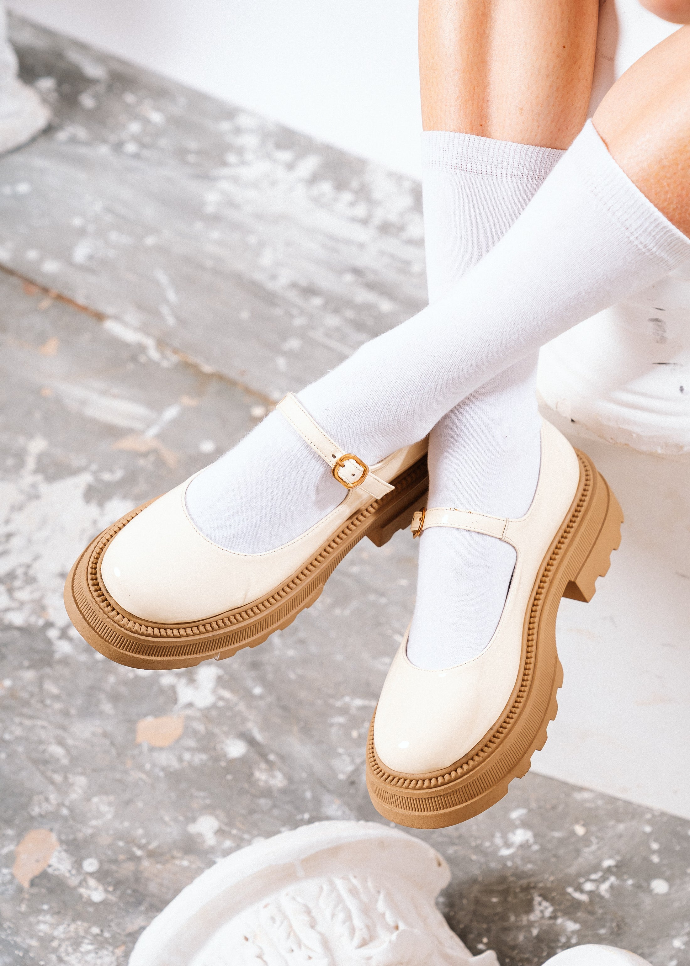 Modern Glossy Lug-Sole Loafers - beige