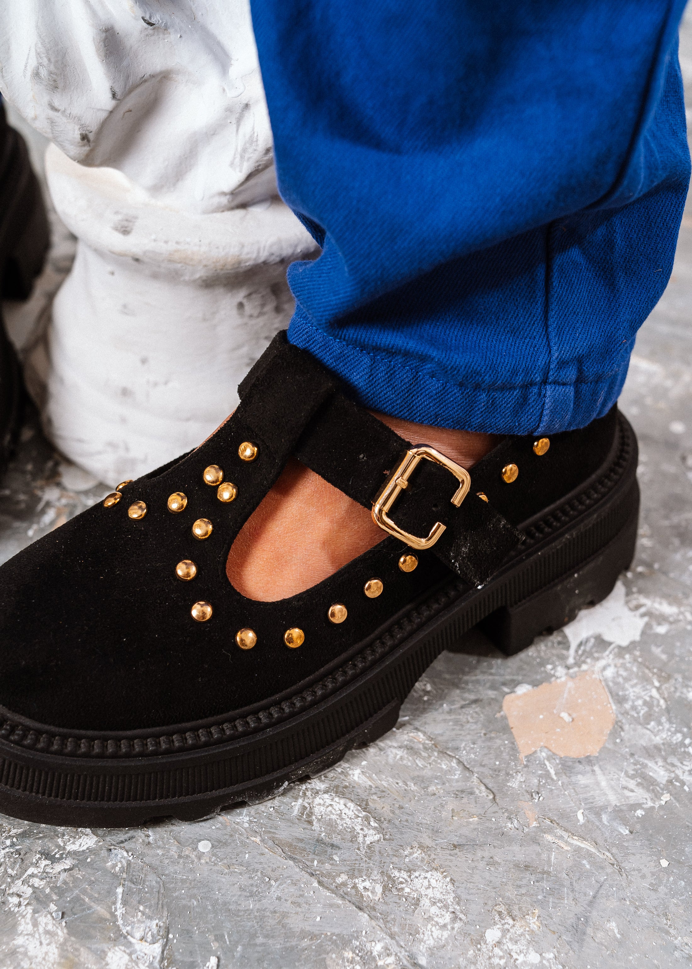Studded Suede T-Strap Mary Loafers - black