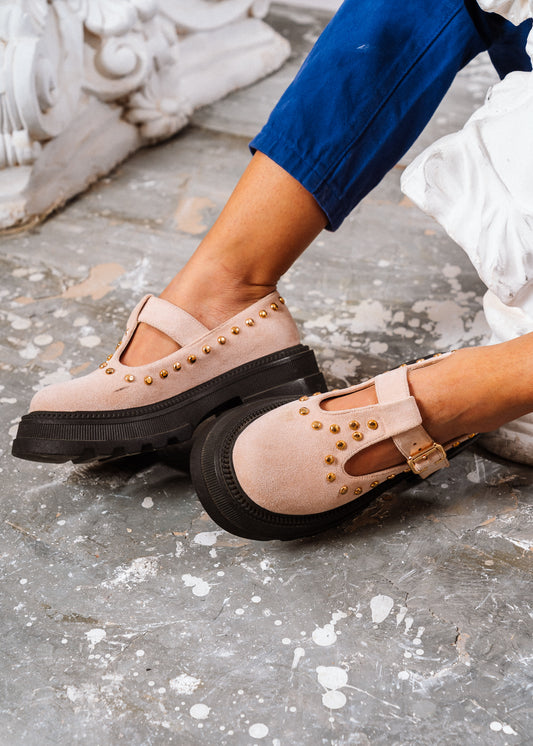 Studded Suede T-Strap Mary Loafers - powder pink