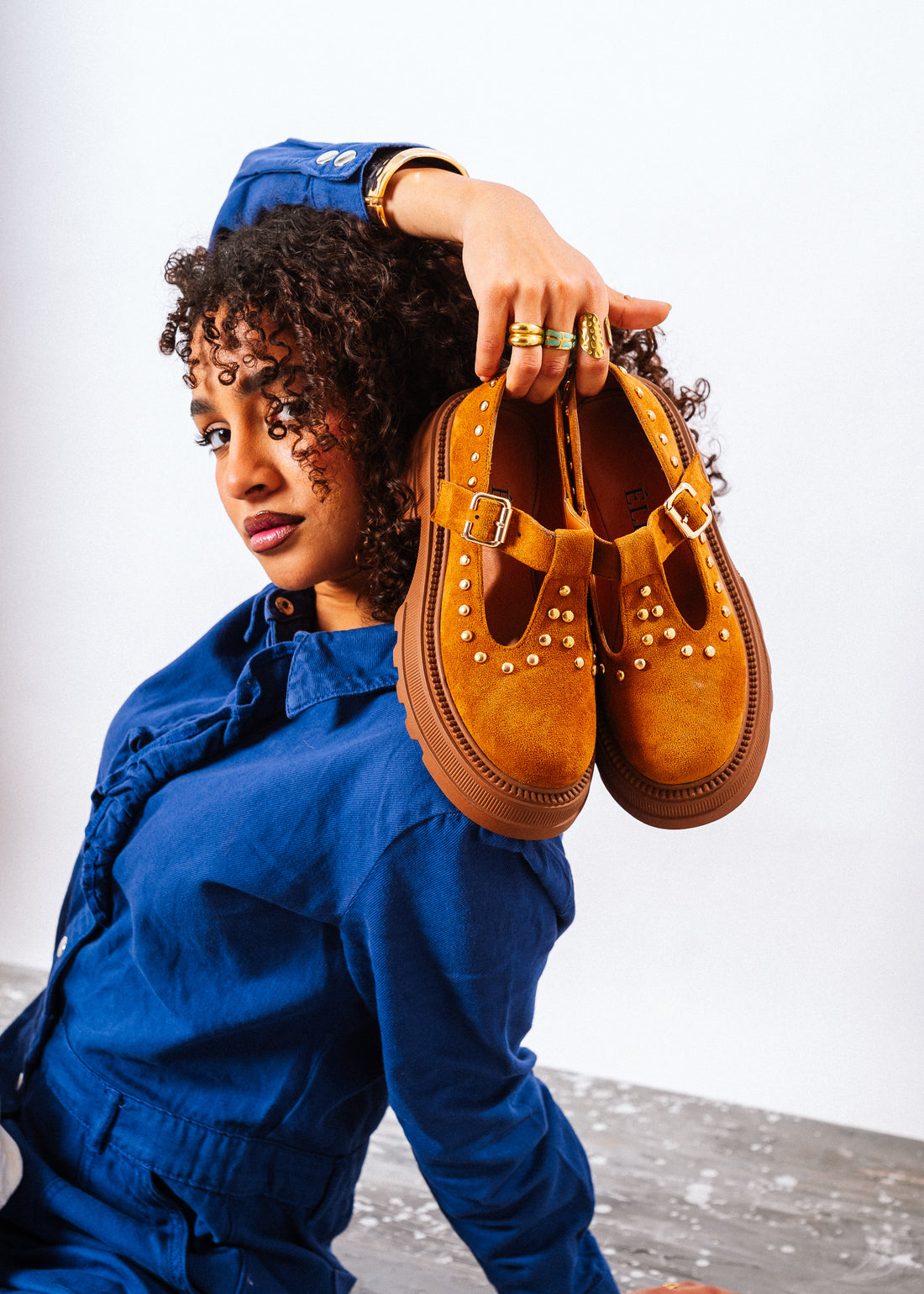 Studded Suede T-Strap Mary Loafers - camel