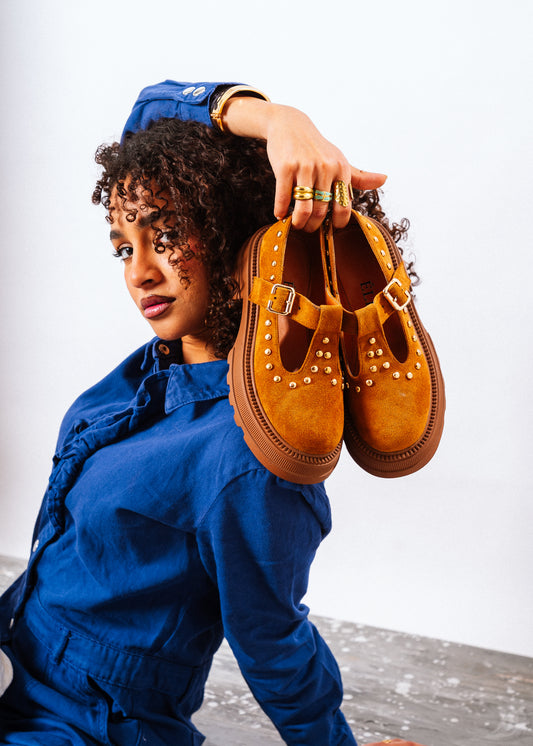 Studded Suede T-Strap Mary Loafers - camel