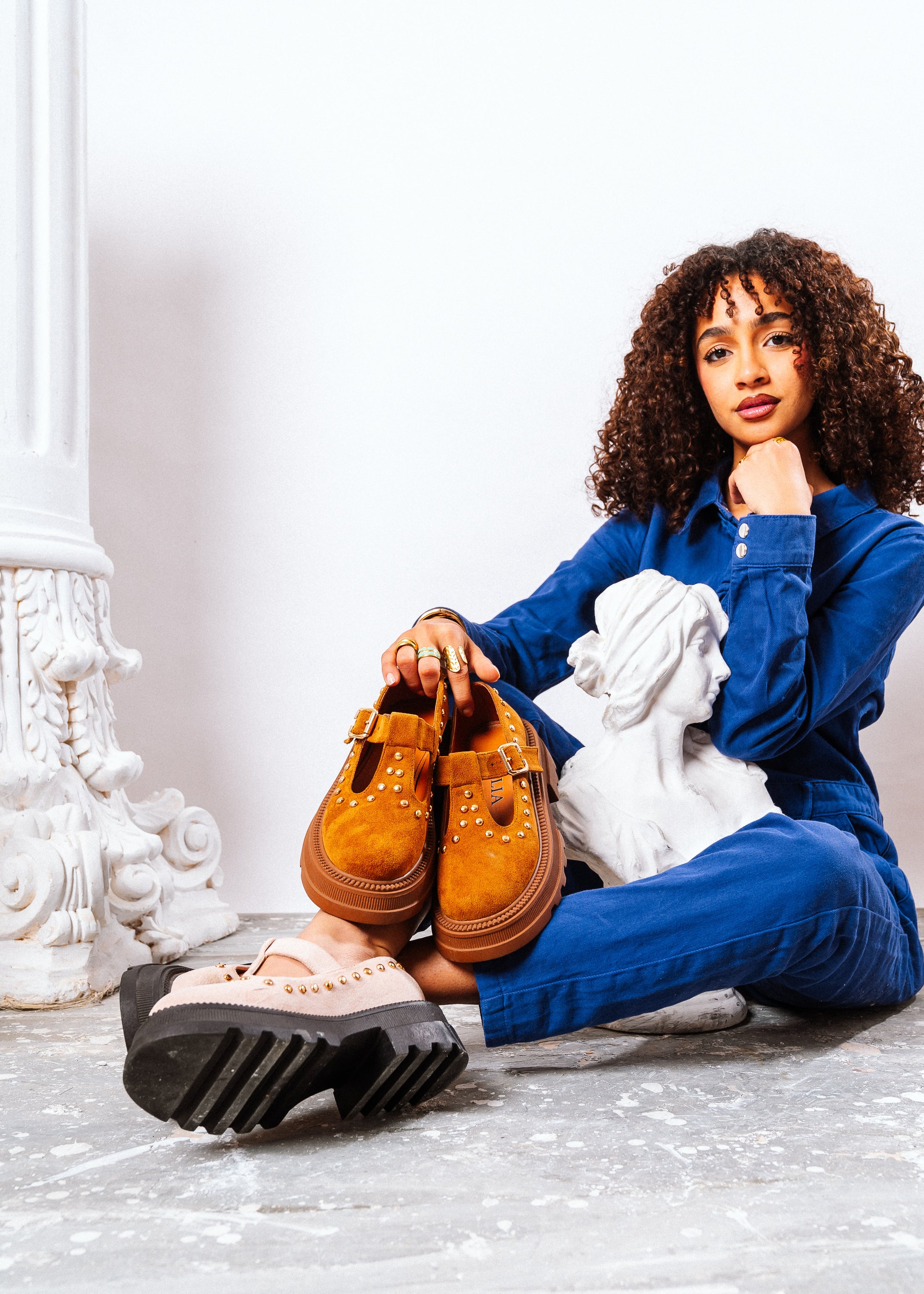 Studded Suede T-Strap Mary Loafers - camel