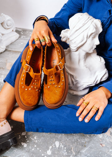 Studded Suede T-Strap Mary Loafers - camel