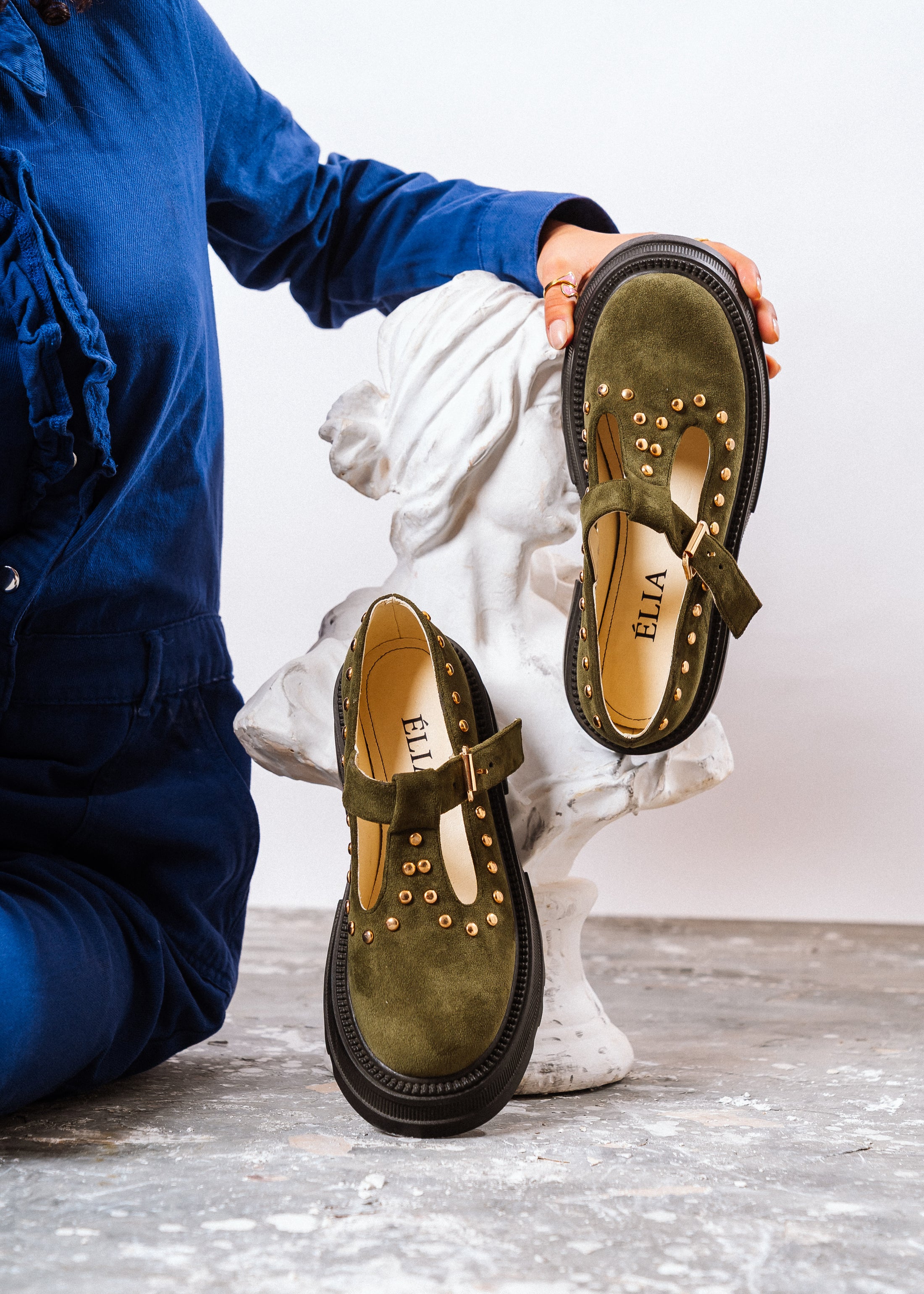 Studded Suede T-Strap Mary Loafers - olive