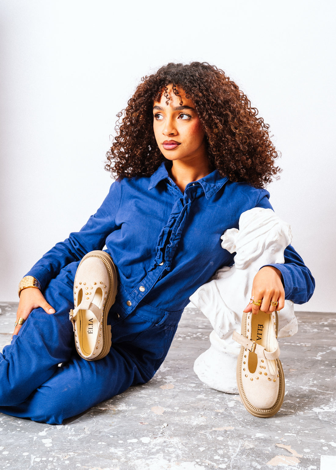 Studded Suede T-Strap Mary Loafers - beige