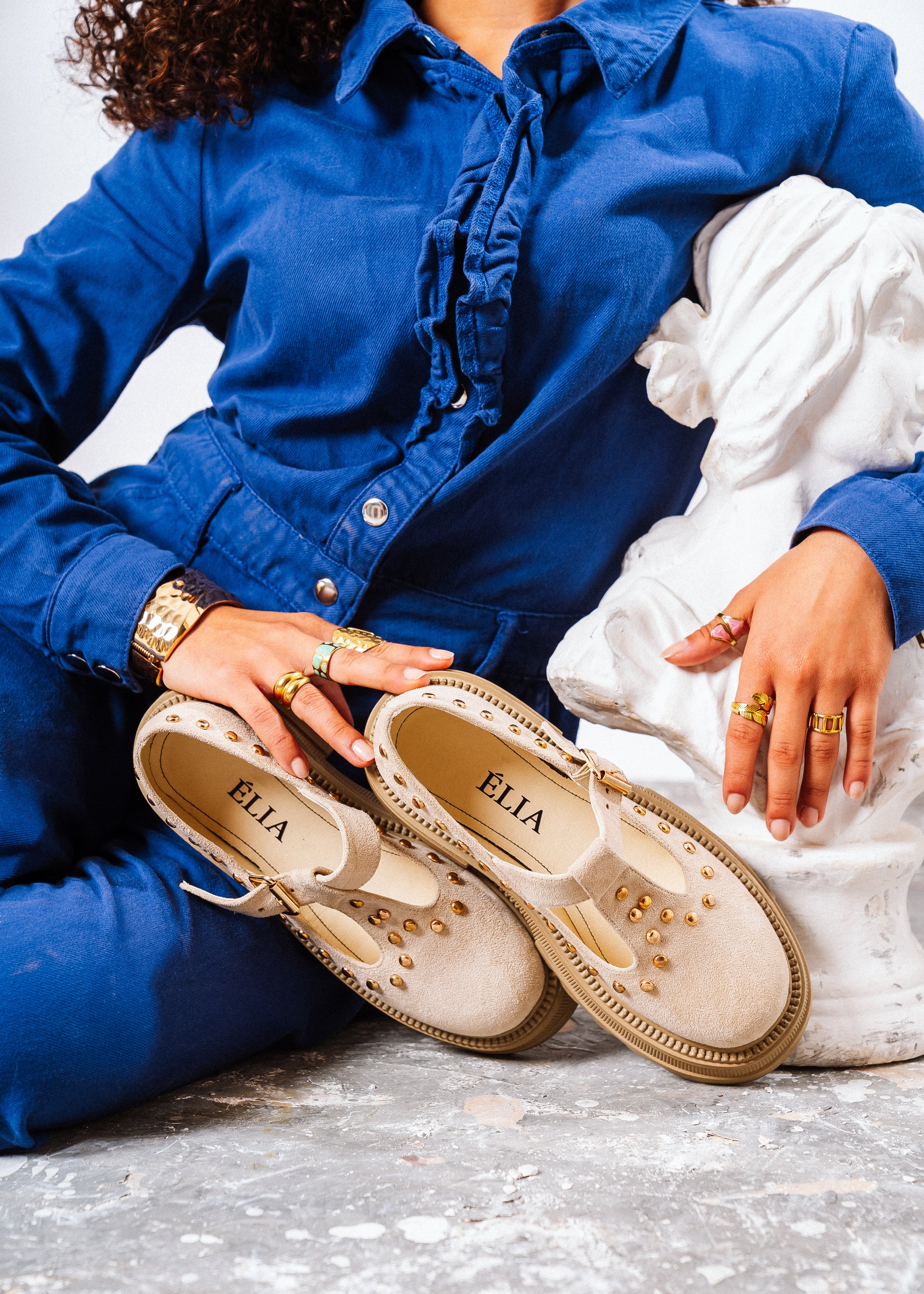 Studded Suede T-Strap Mary Loafers - beige