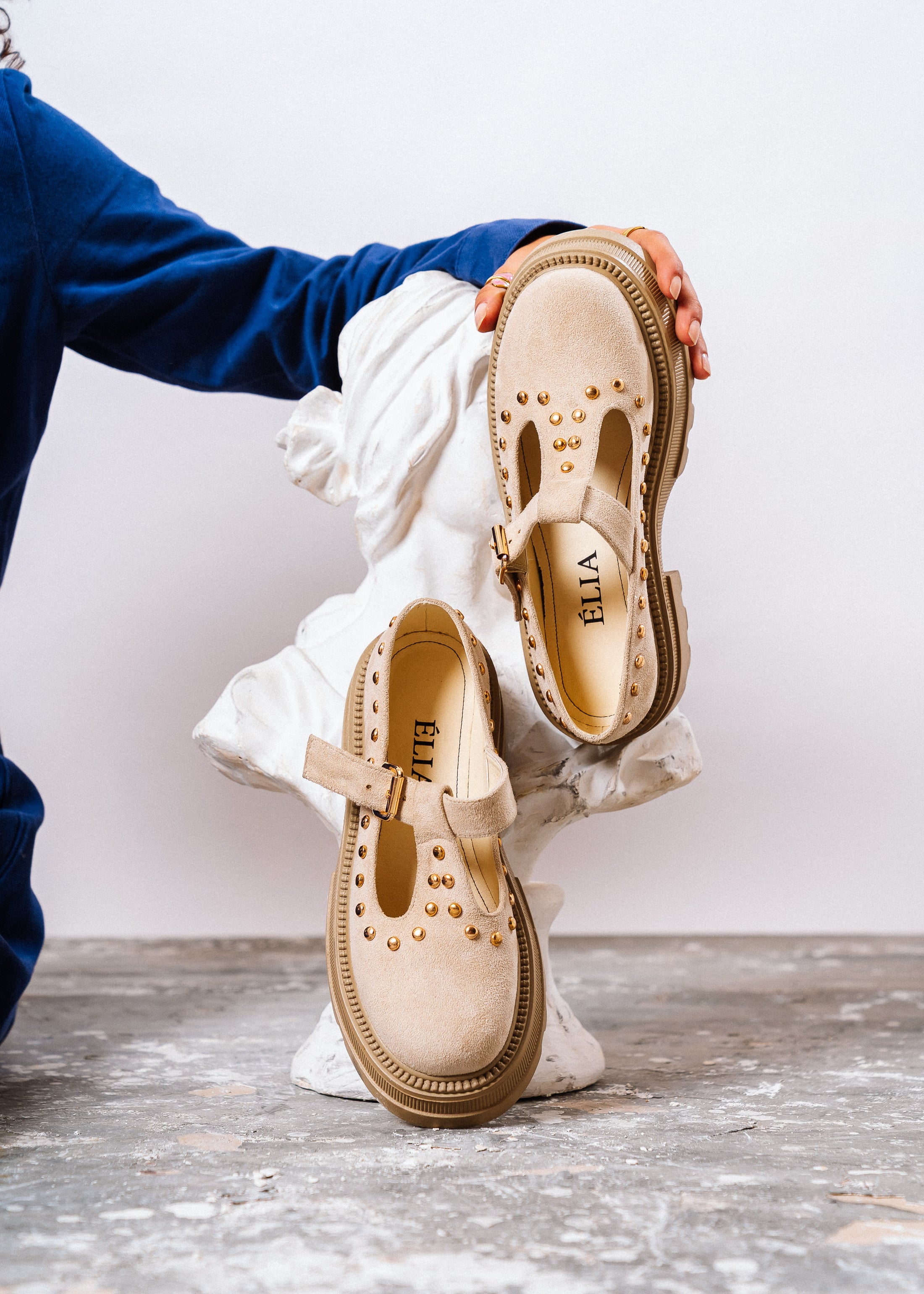 Studded Suede T-Strap Mary Loafers - beige