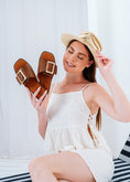 Load image into Gallery viewer, Square-Toe Buckle Slides - camel

