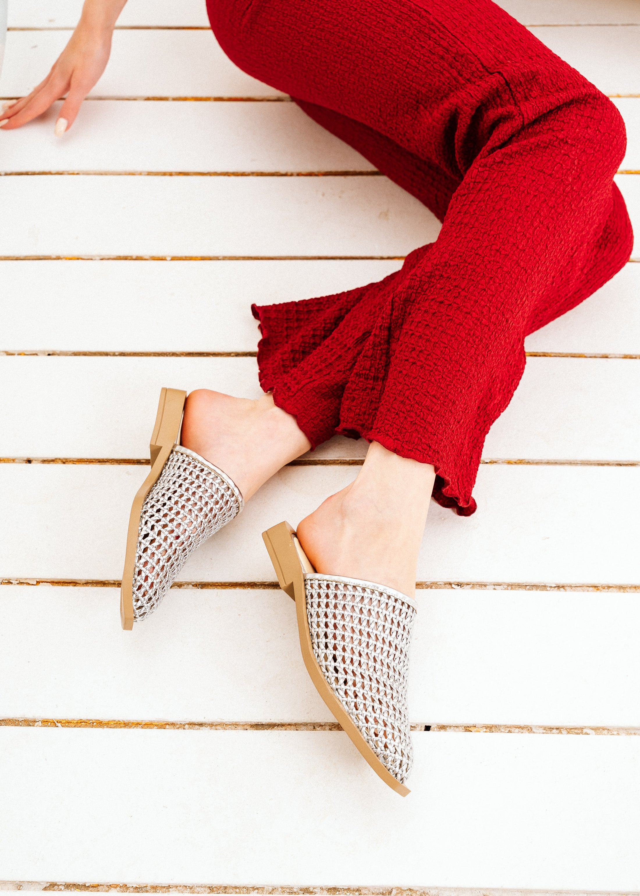 Intricate Woven Flat Mules - silver