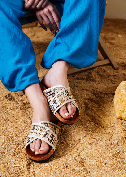 Boho Knit Cross-Strap Slides - beige