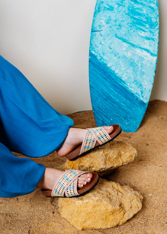 Boho Knit Cross-Strap Slides - pink