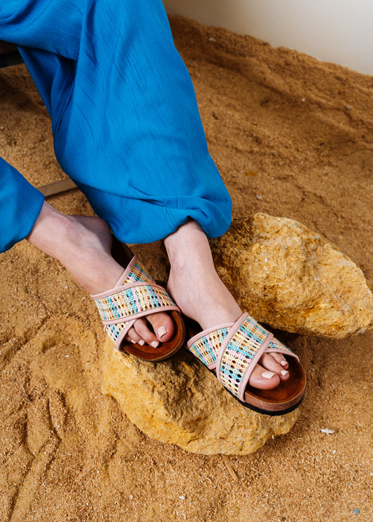 Boho Knit Cross-Strap Slides - pink