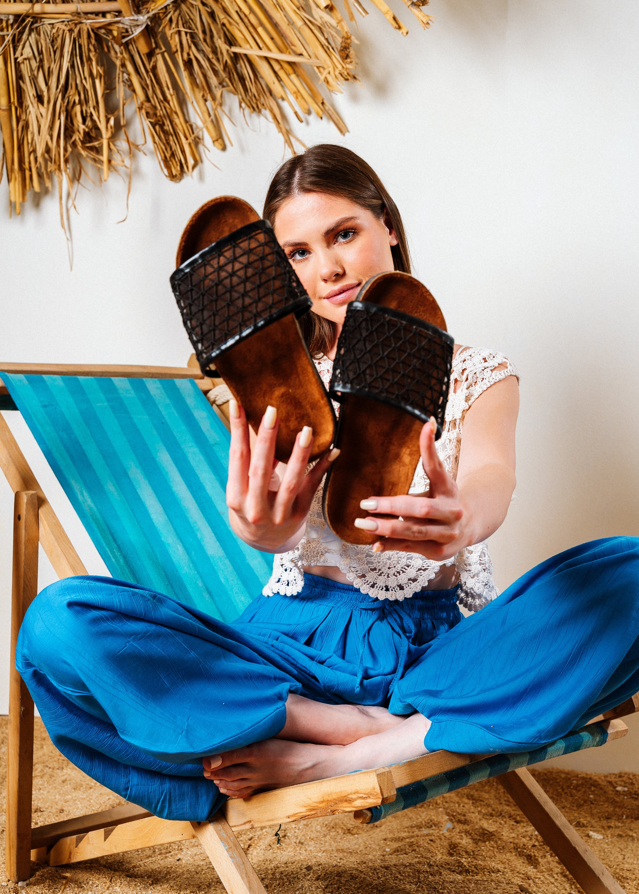 Lattice Net Cork-Sole Slides - black