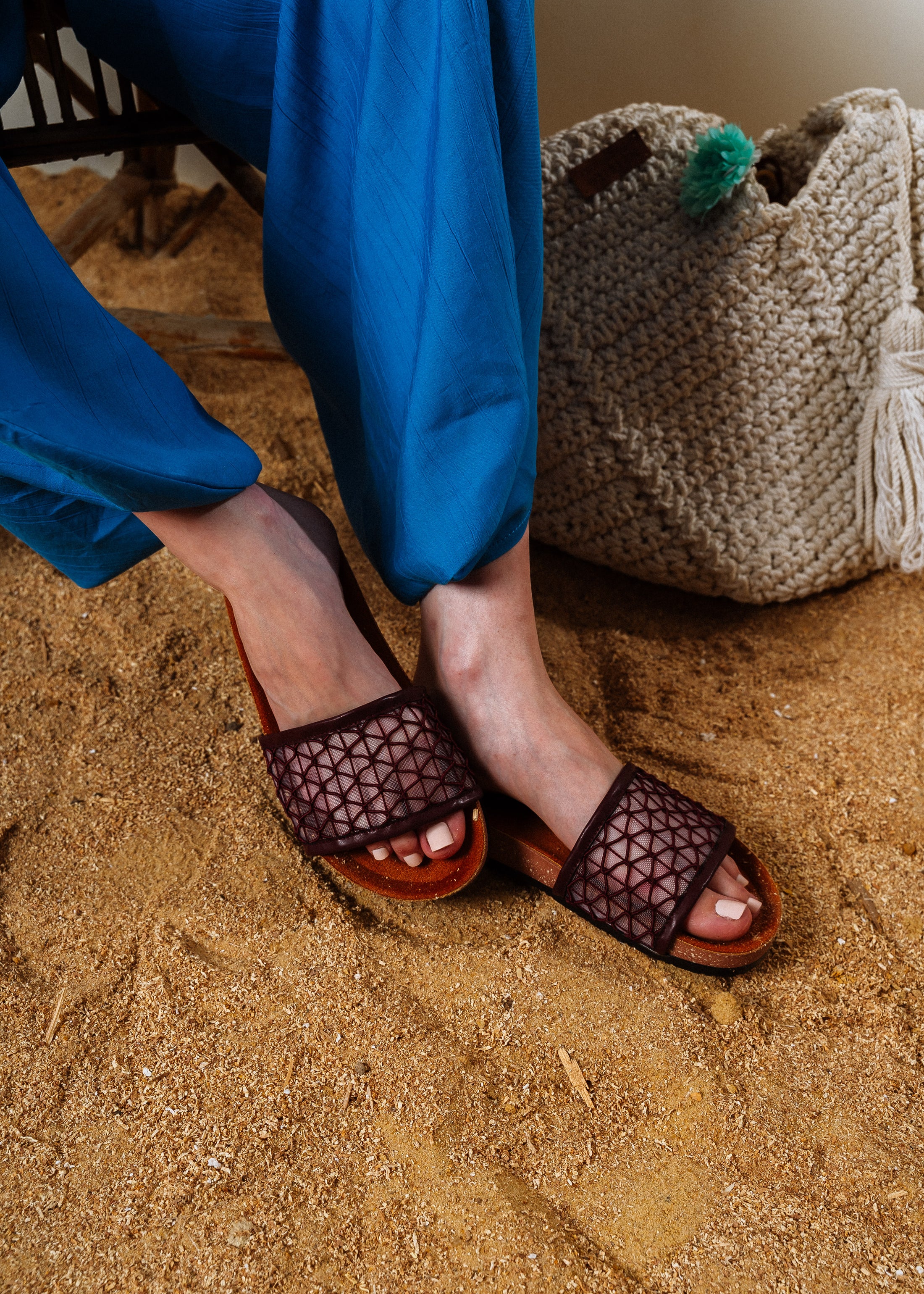 Lattice Net Cork-Sole Slides - brown