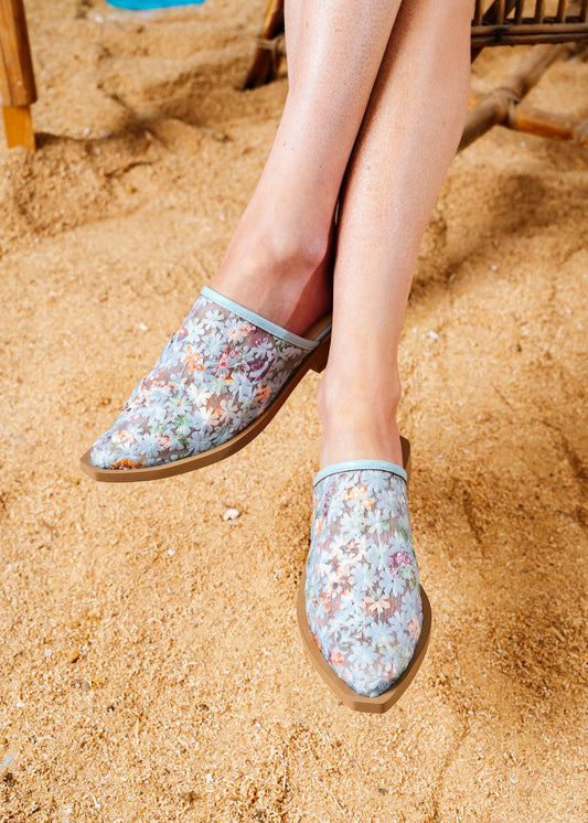Tapestry Floral Pointed Slides - blue