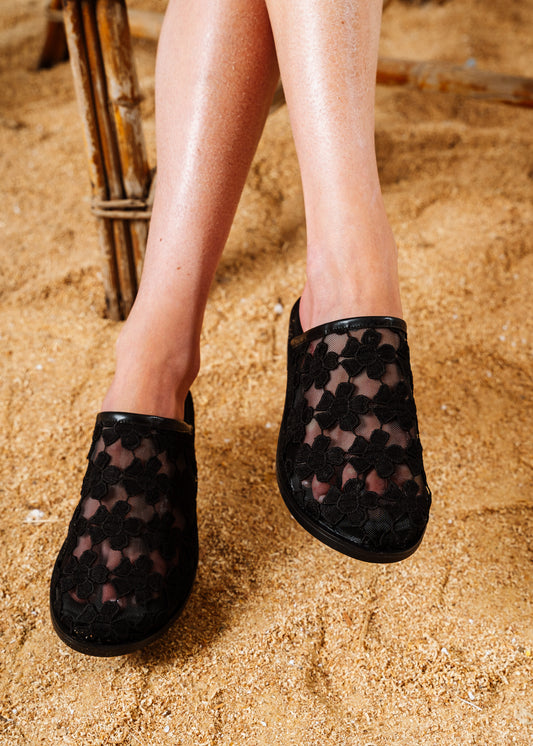 Floral Bloom Mesh Mules - black