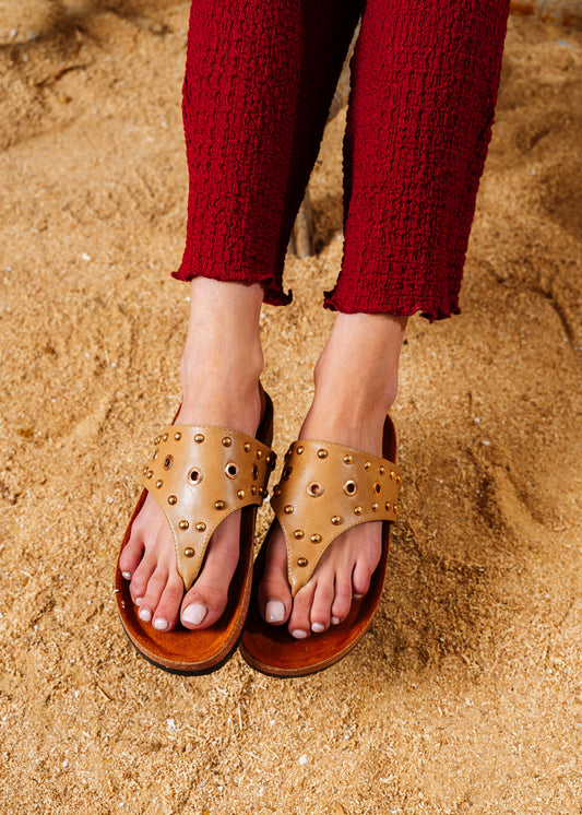 Studded Eyelet Comfort Slides - cafe