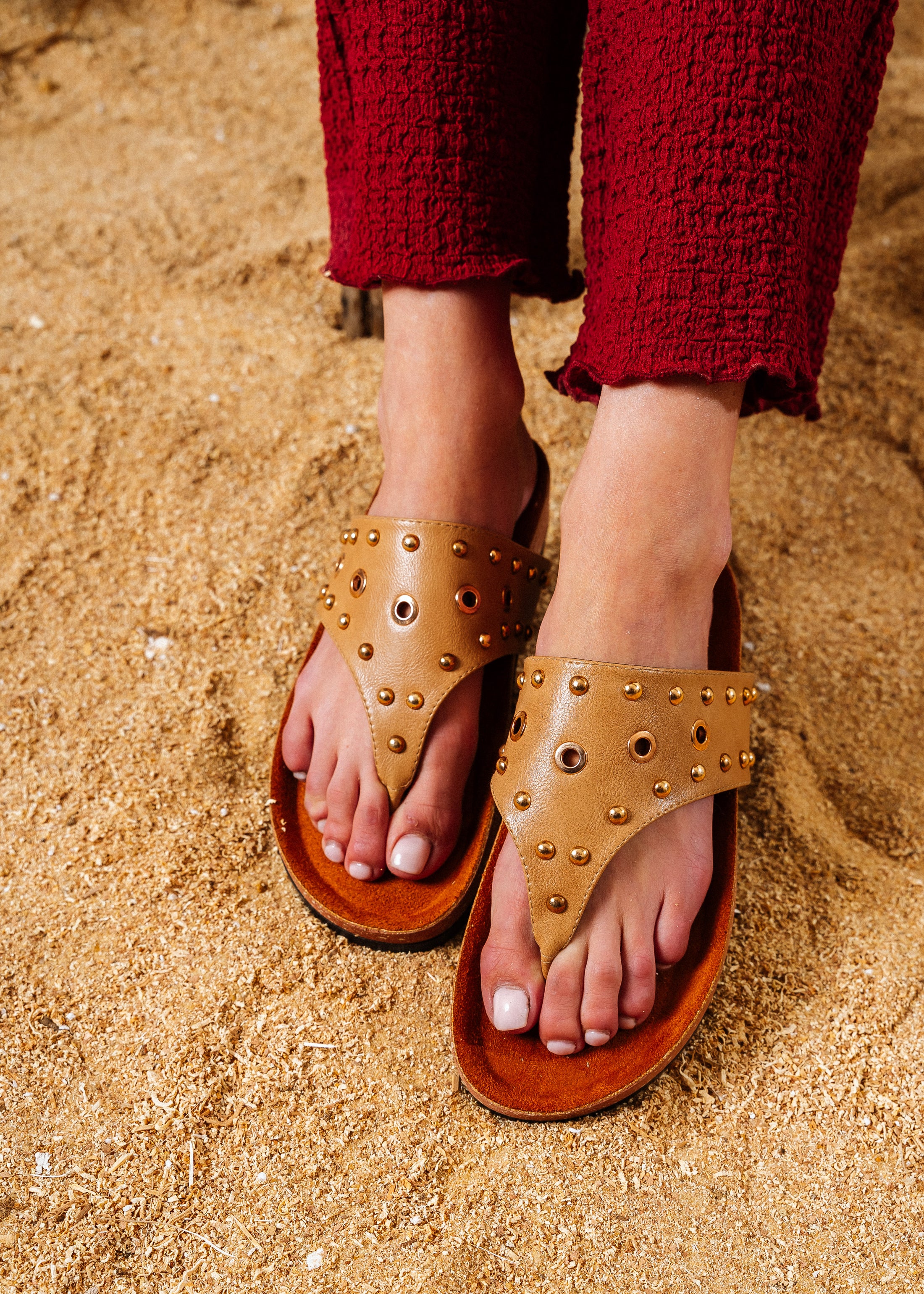 Studded Eyelet Comfort Slides - cafe