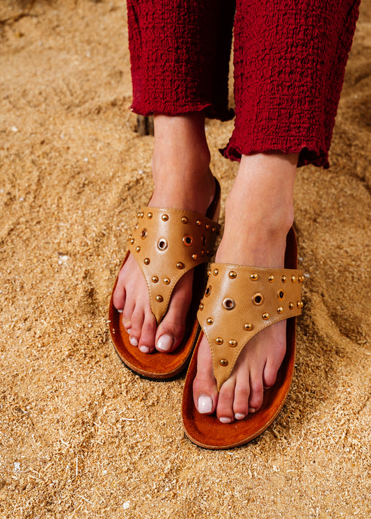 Studded Eyelet Comfort Slides - cafe