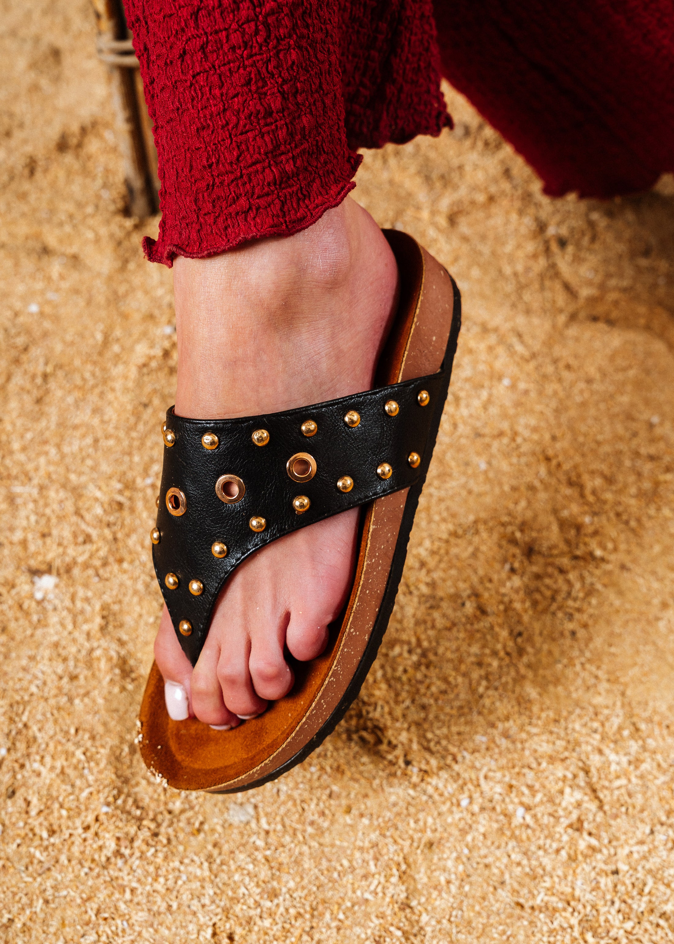 Studded Eyelet Comfort Slides - black