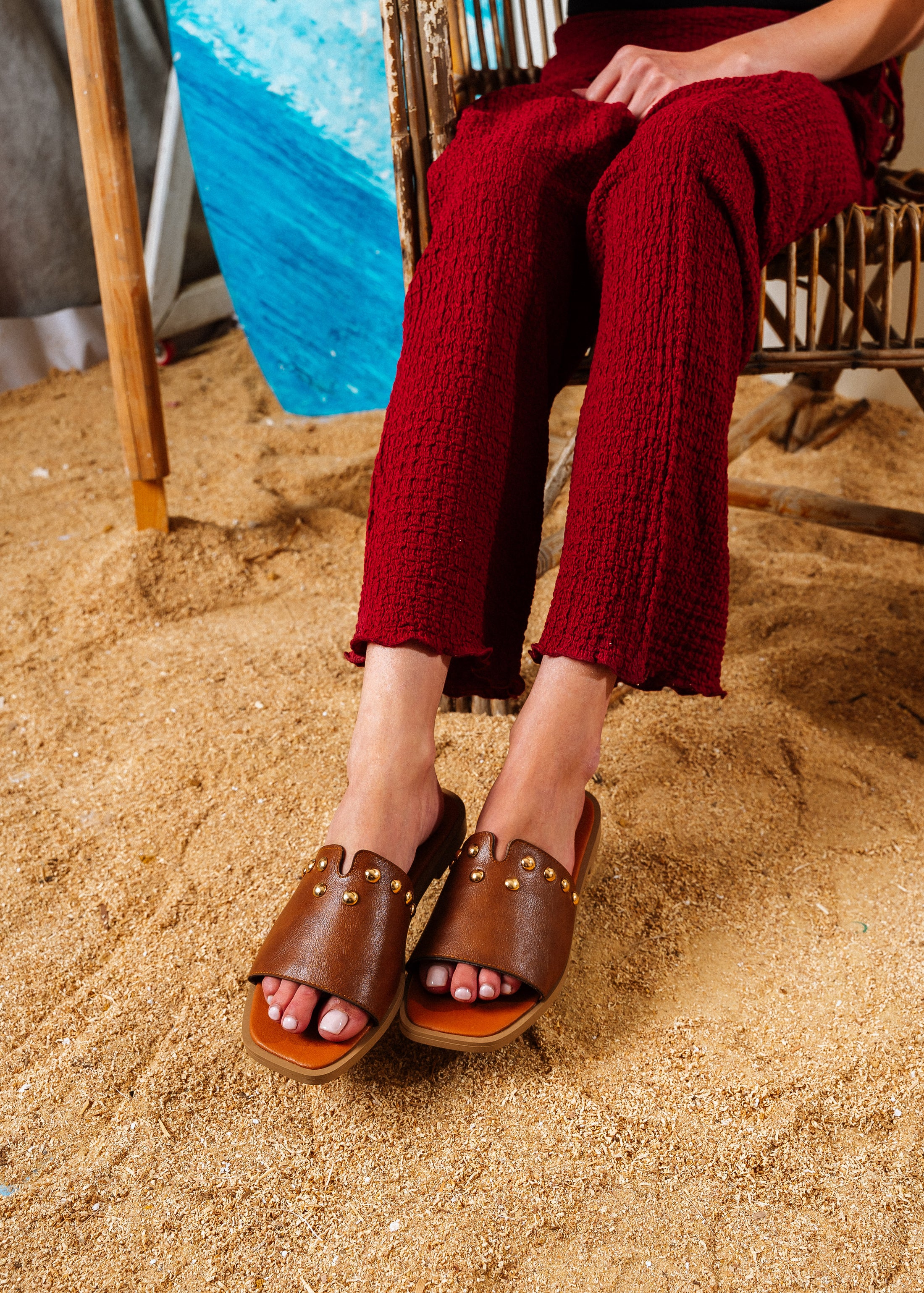 Dome Studded V-Cutout Slide - camel