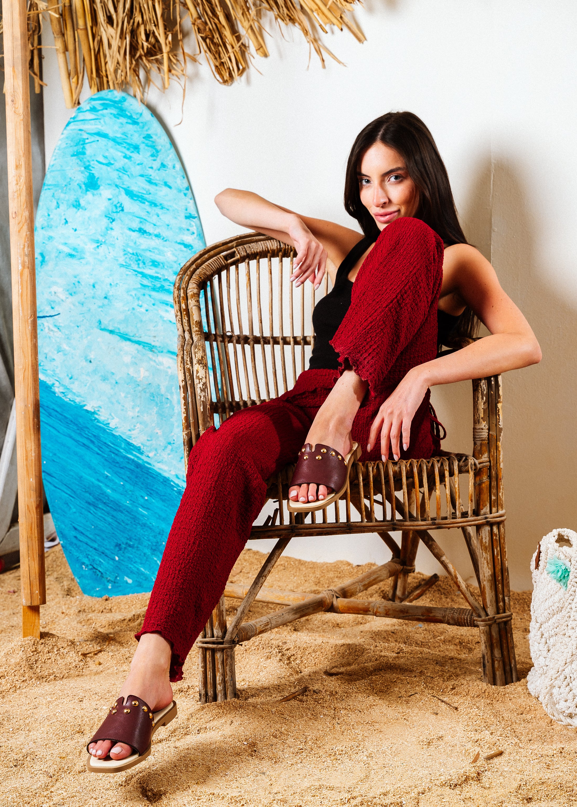 Dome Studded V-Cutout Slide - maroon