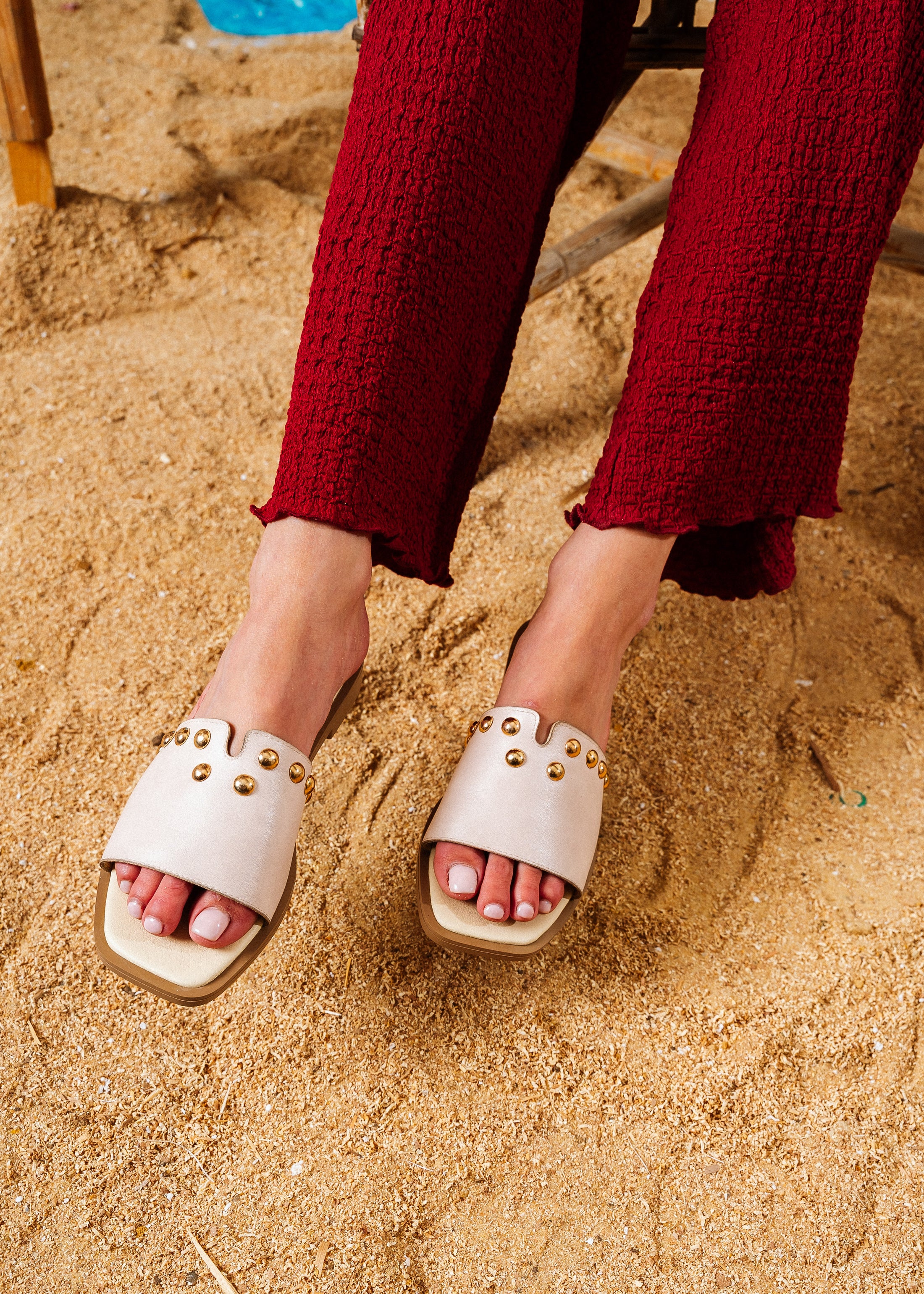Dome Studded V-Cutout Slide - beige