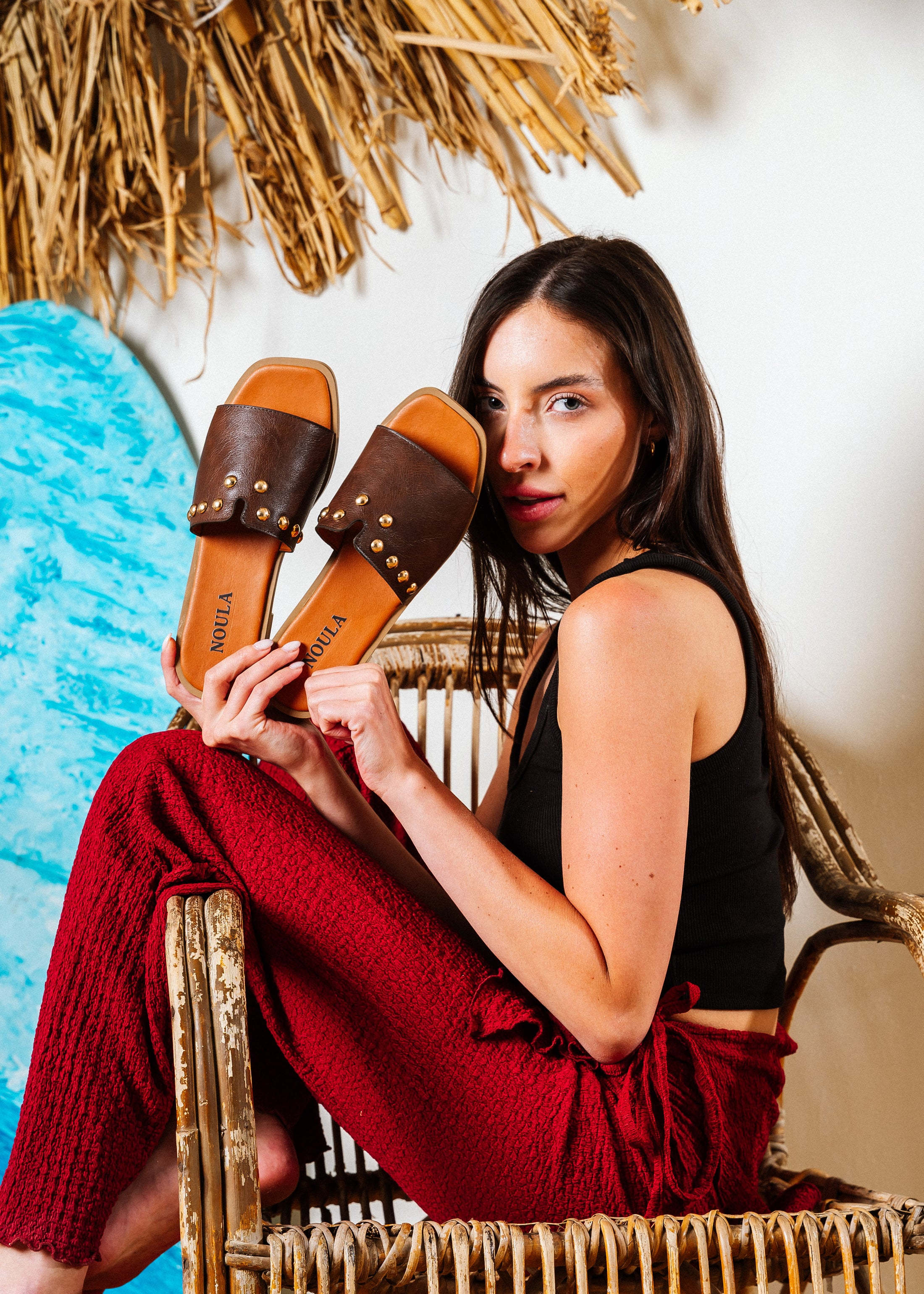 Dome Studded V-Cutout Slide - brown