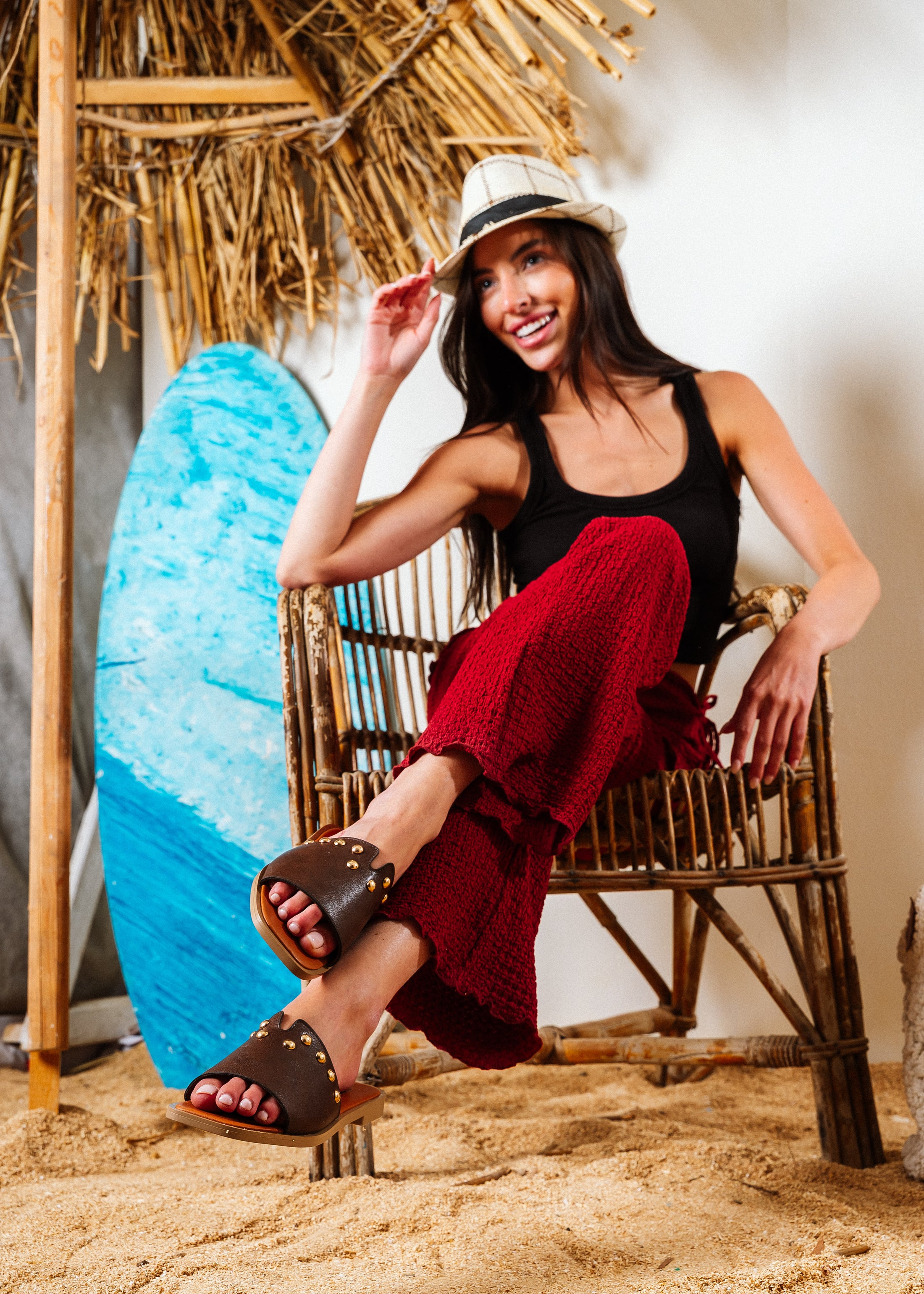 Dome Studded V-Cutout Slide - brown