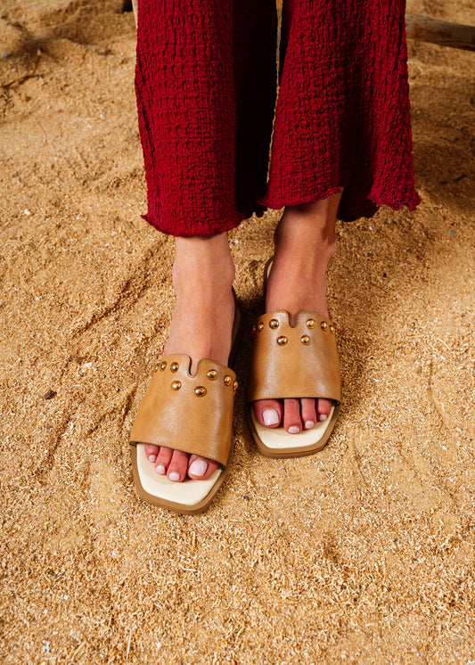 Dome Studded V-Cutout Slide - cafe