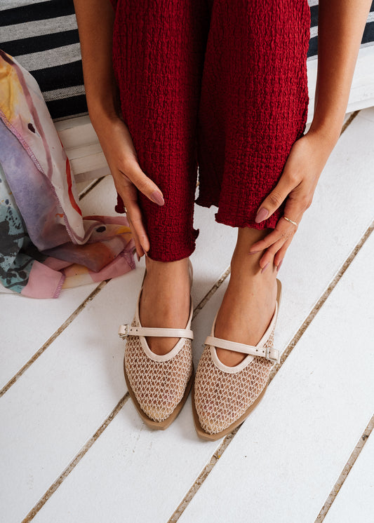 Buckled Mesh Flat Mules - beige