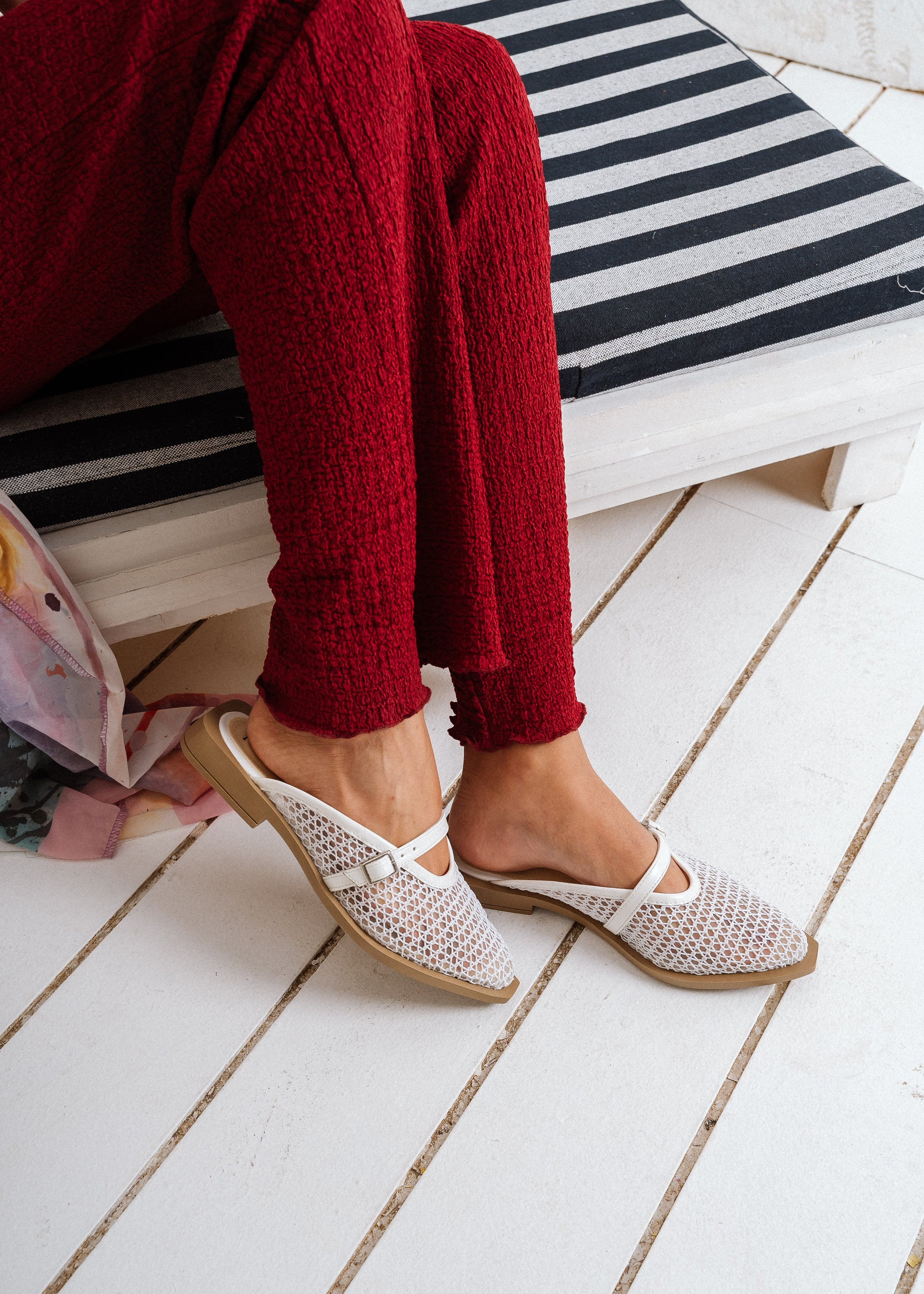 Buckled Mesh Flat Mules - white