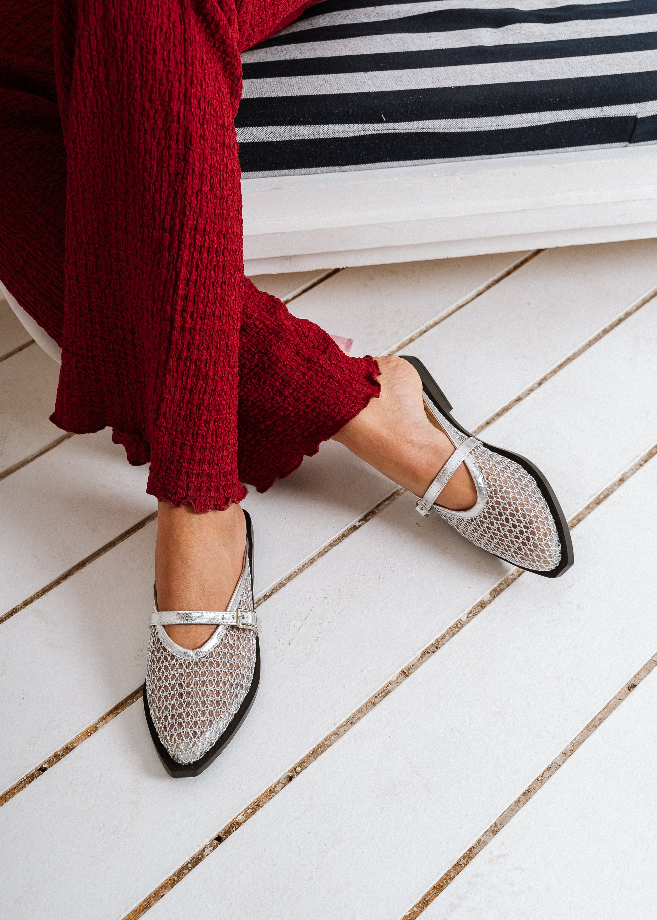 Buckled Mesh Flat Mules - silver