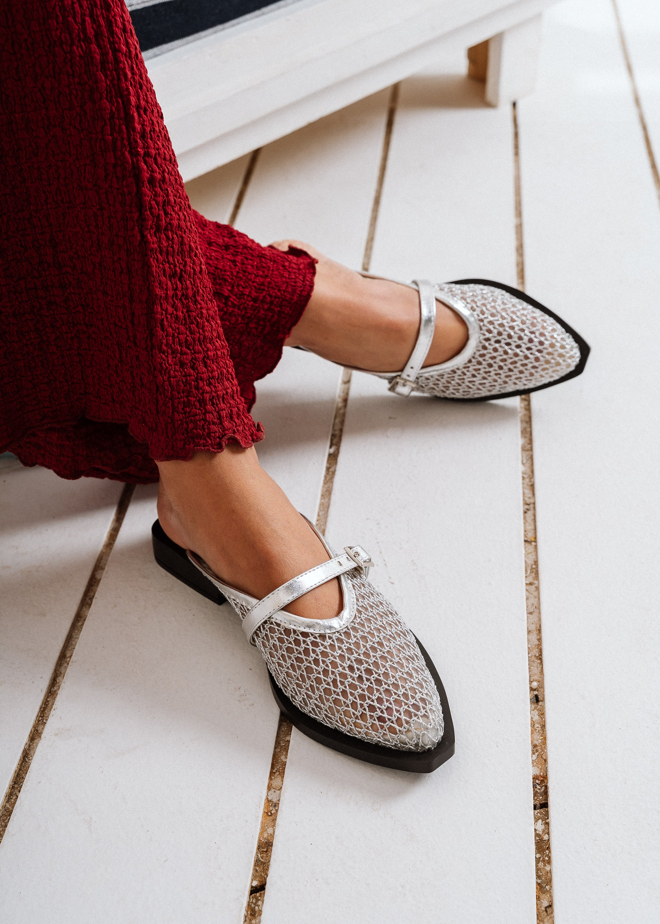 Buckled Mesh Flat Mules - silver