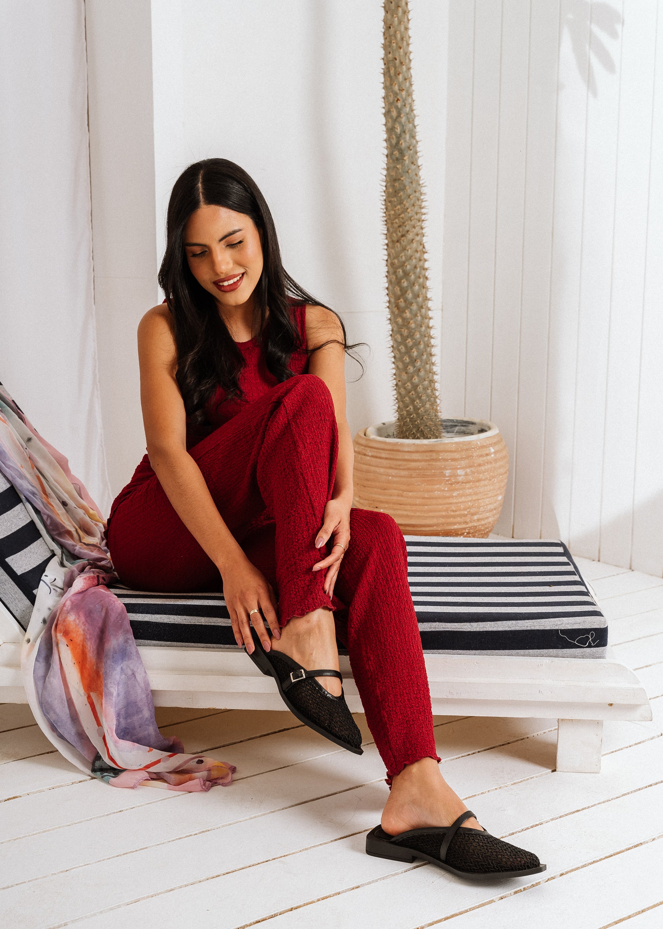 Buckled Mesh Flat Mules - black