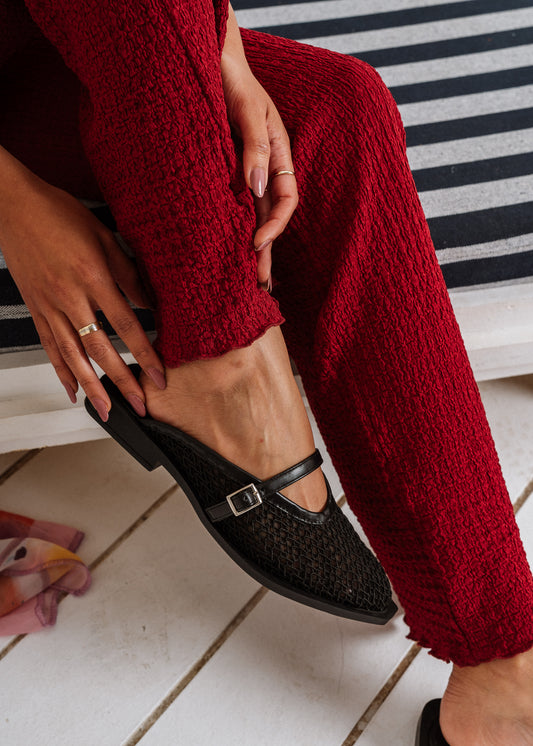 Buckled Mesh Flat Mules - black