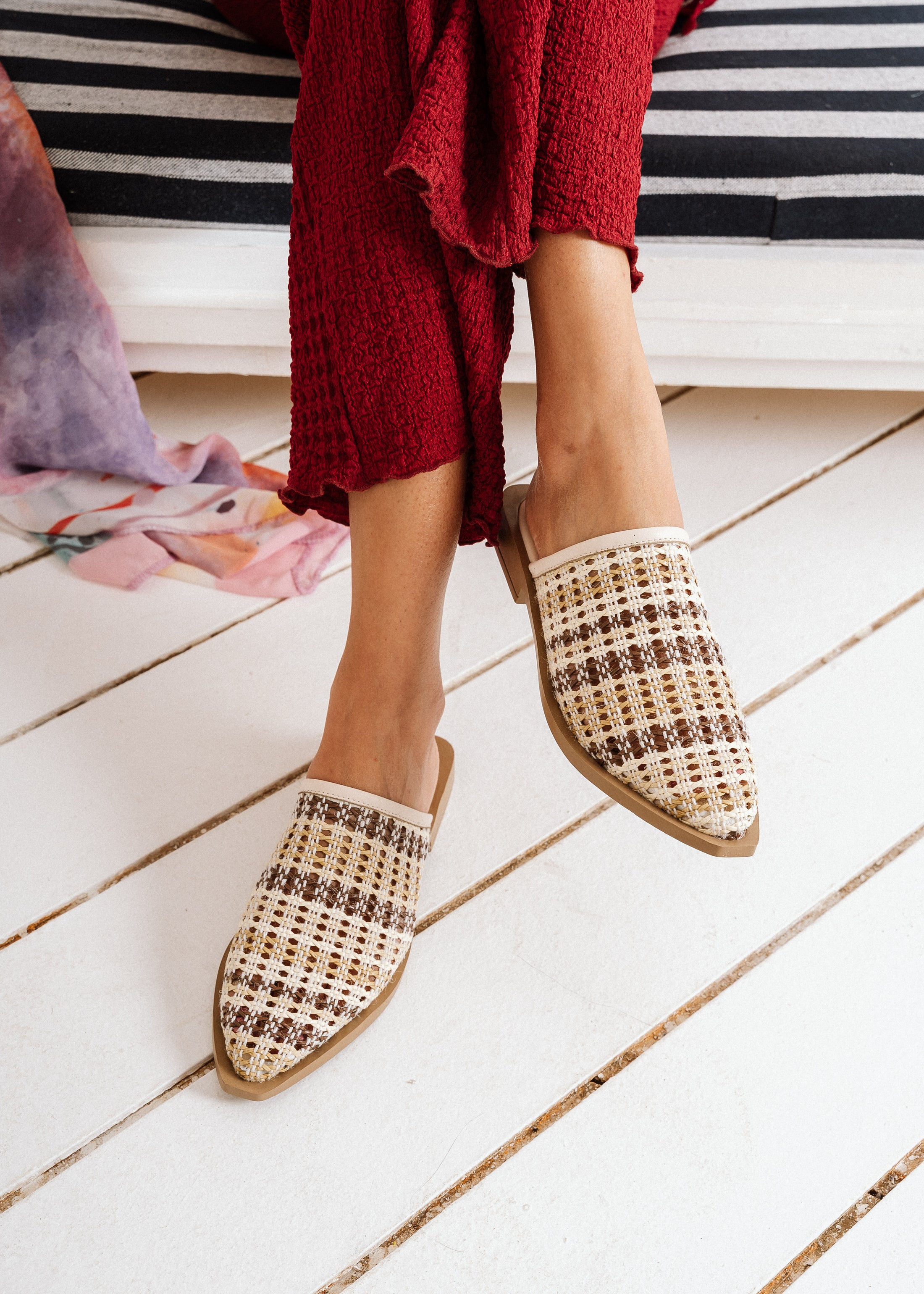Plaid Textured Mules - beige