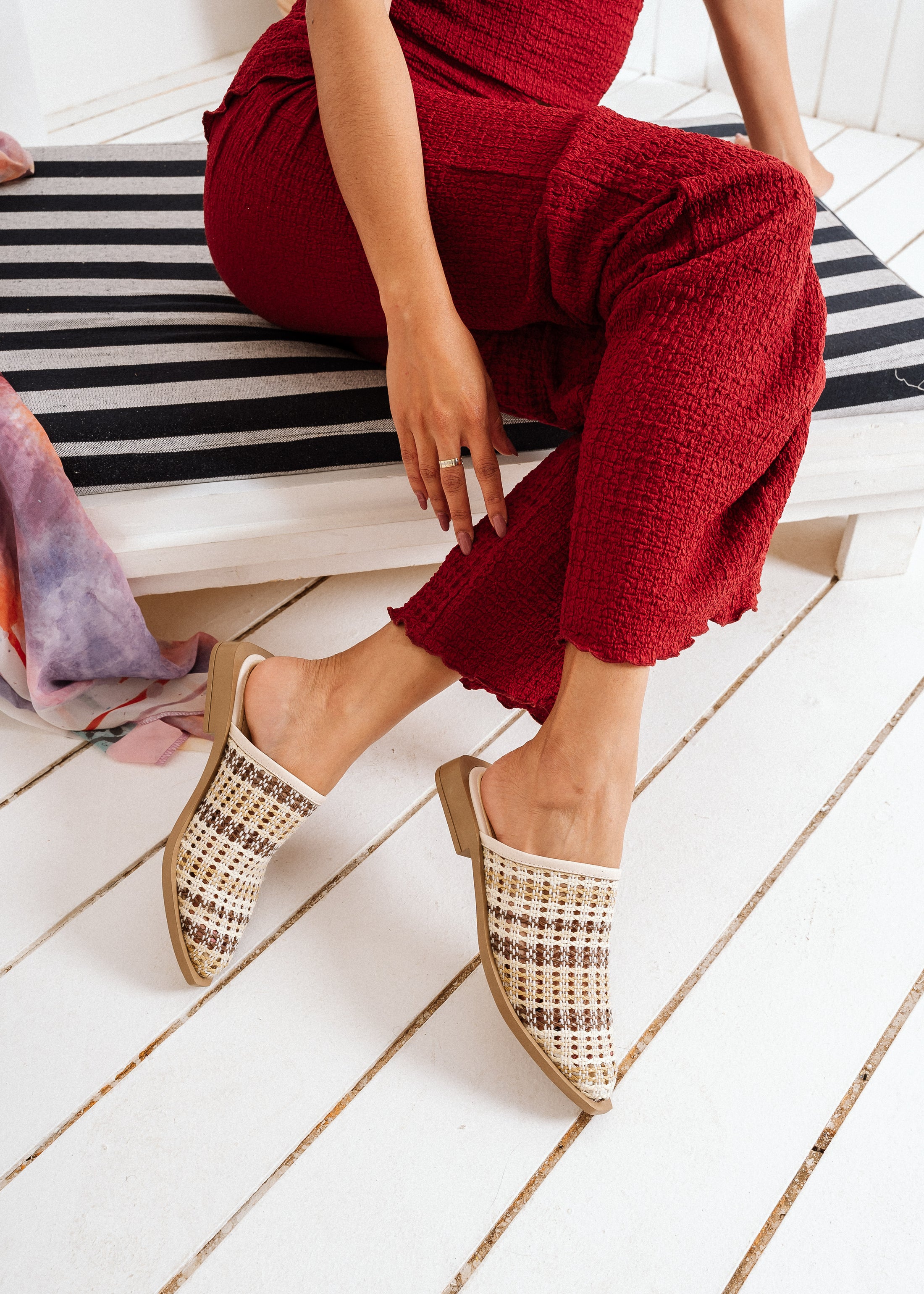 Plaid Textured Mules - beige