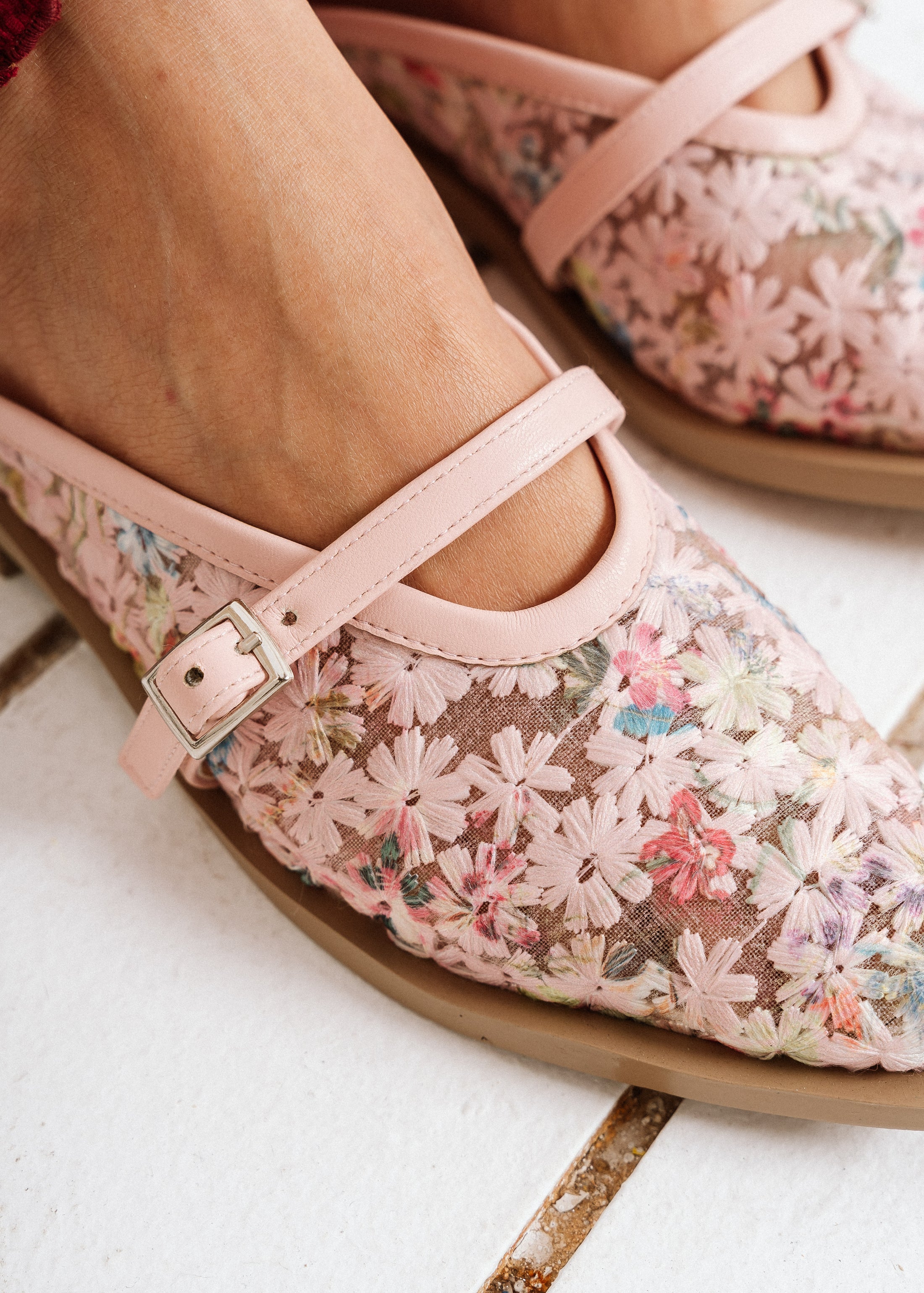 Floral Mary Jane Mules - pink