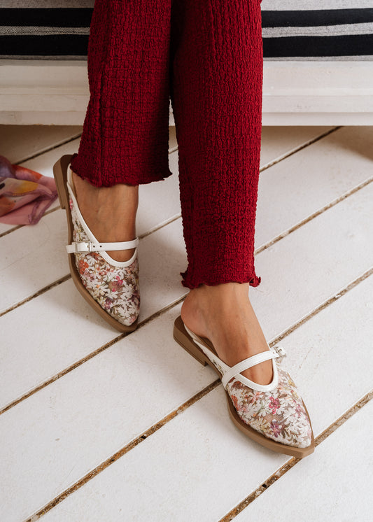 Floral Mary Jane Mules -  white
