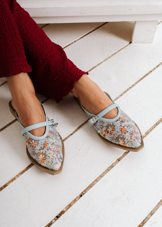 Floral Mary Jane Mules -  blue