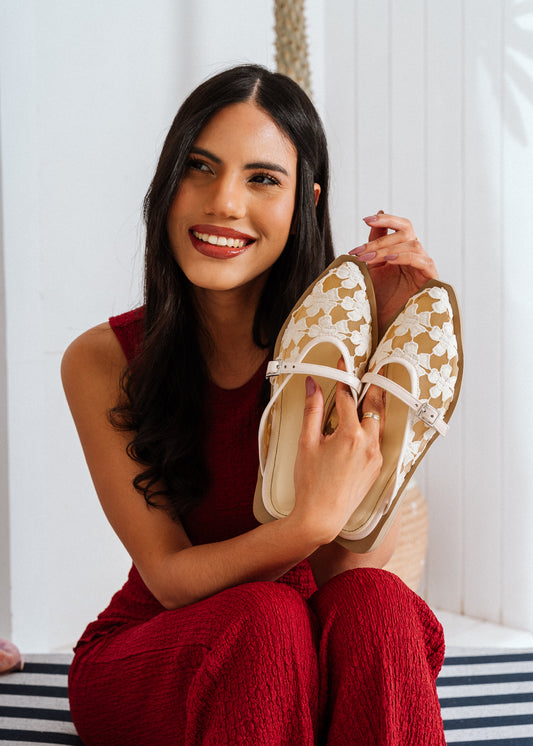 Romantic Floral Pointed Mules -  beige
