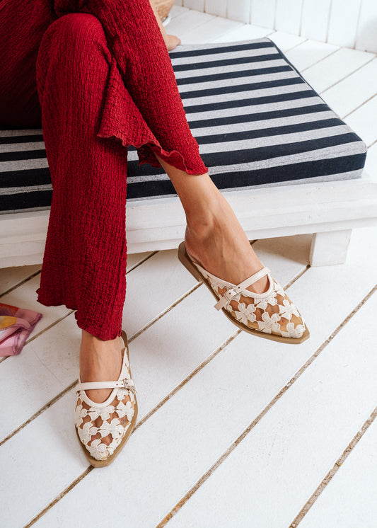 Romantic Floral Pointed Mules -  beige