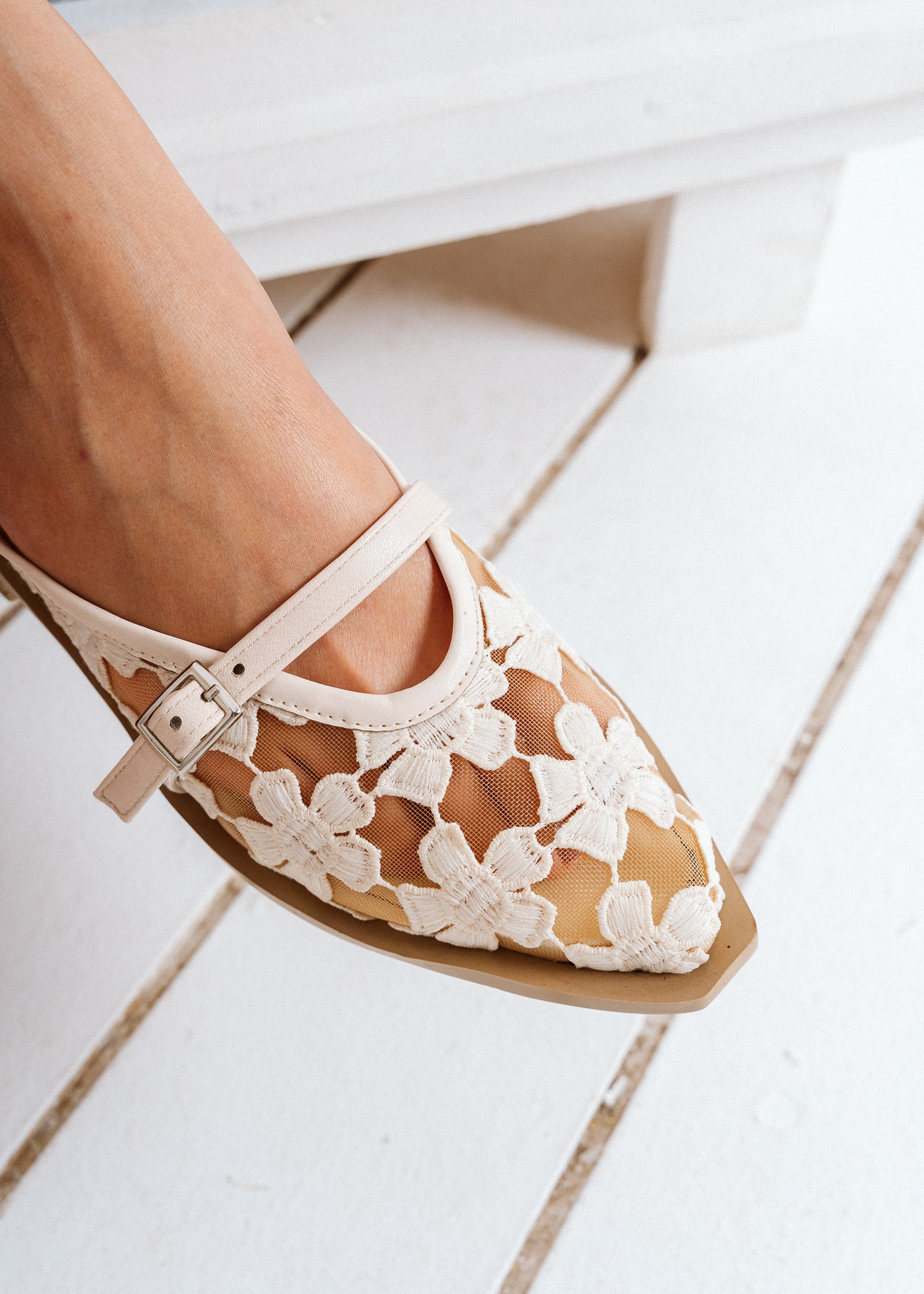 Romantic Floral Pointed Mules -  beige