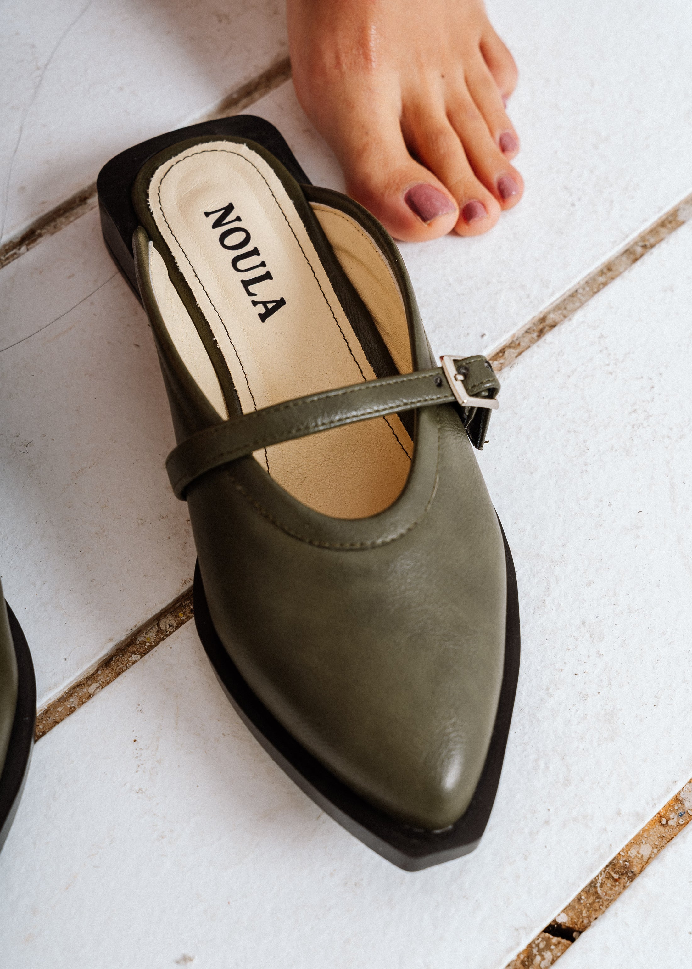Classic Leather Mary Jane Flats -  olive