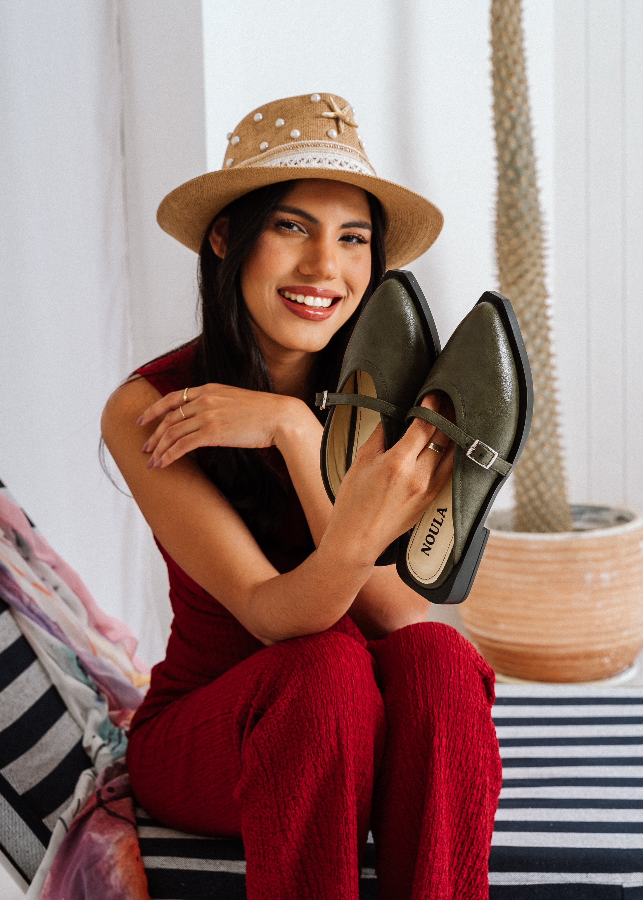 Classic Leather Mary Jane Flats -  olive