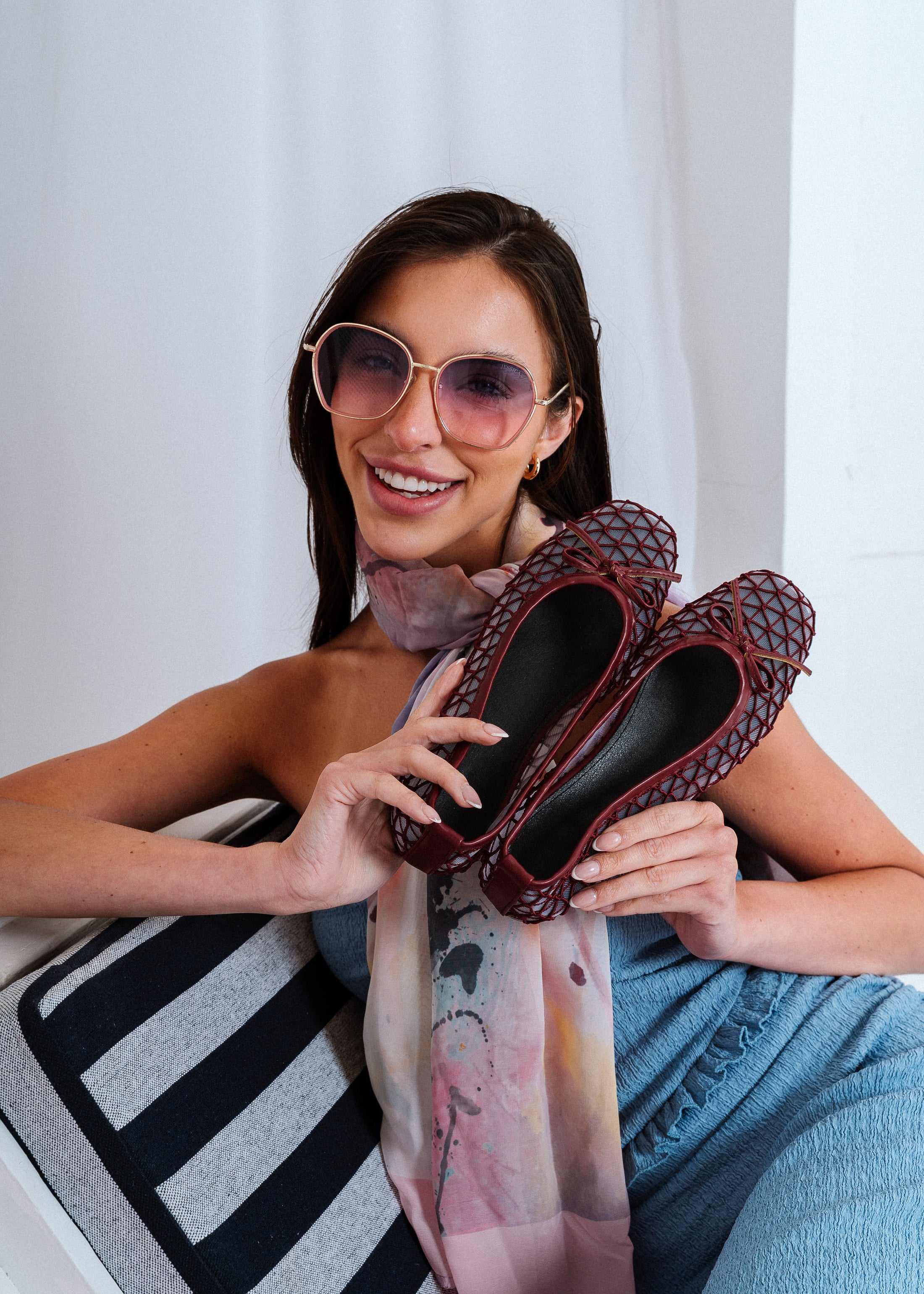 Mesh Ballet Flats with Bow - brown