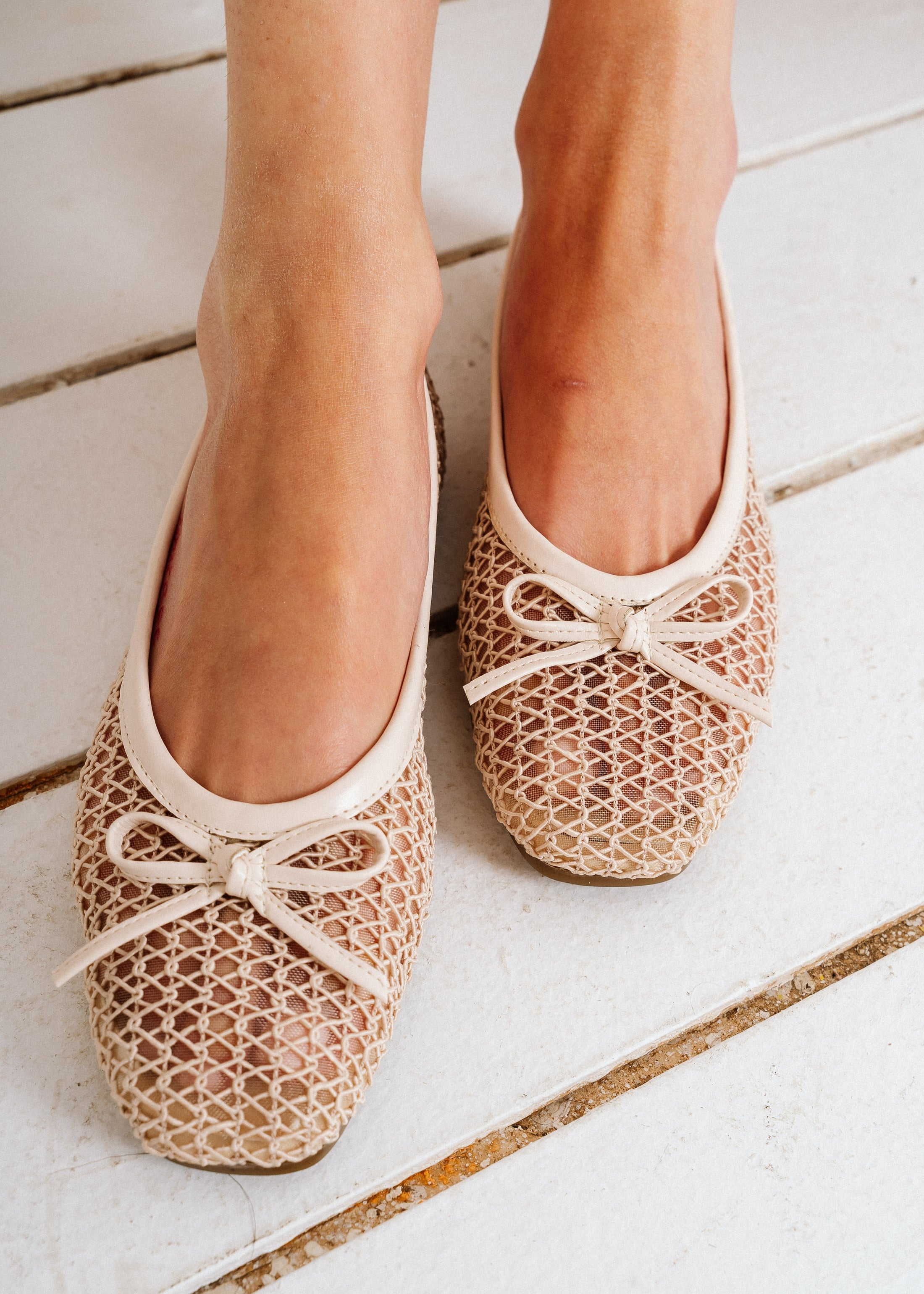 Fishnet Mesh Ballet Flats - beige