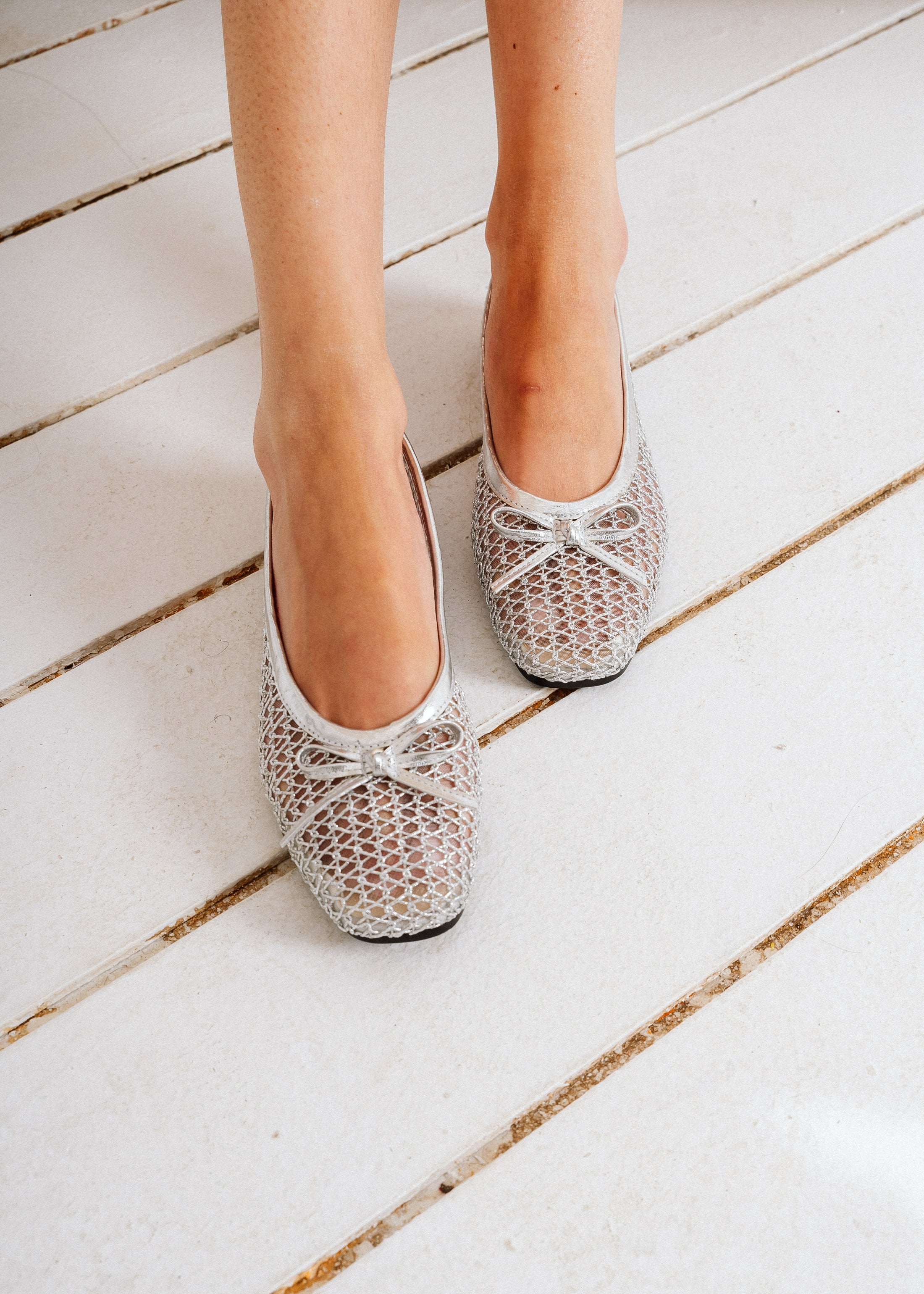 Fishnet Mesh Ballet Flats - sliver